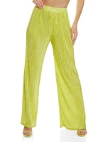 Womens Plisse High Waisted Wide Leg Pants, Green, Size S