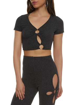Womens Ribbed O Ring Cut Out Crop Top, Black, Size L