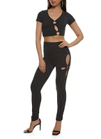 Womens Ribbed O Ring Cut Out Crop Top, Black, Size L