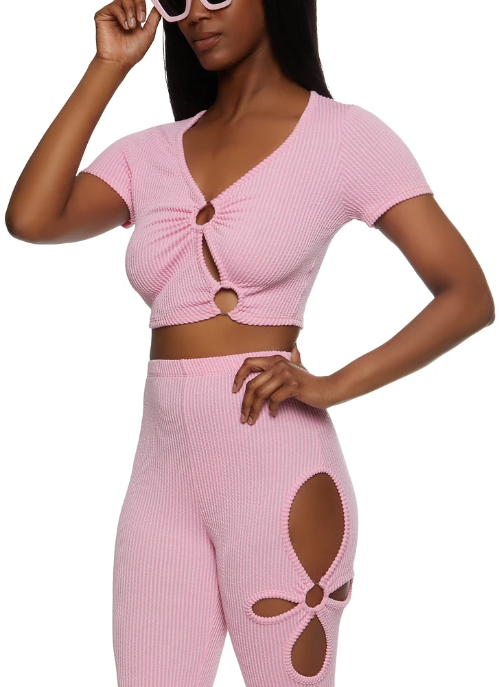 Womens Ribbed O Ring Cut Out Crop Top, Pink,