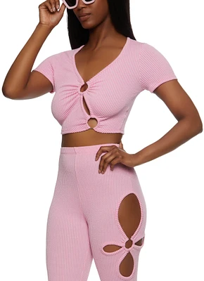 Womens Ribbed O Ring Cut Out Crop Top, Pink,