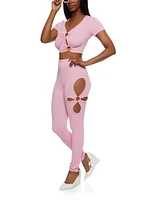 Womens Ribbed O Ring Cut Out Crop Top, Pink,
