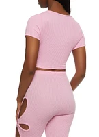 Womens Ribbed O Ring Cut Out Crop Top, Pink,