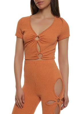 Womens Ribbed O Ring Cut Out Crop Top,