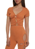 Womens Ribbed O Ring Cut Out Crop Top,
