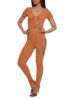 Womens Ribbed O Ring Cut Out Crop Top,