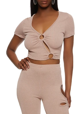 Womens Ribbed O Ring Cut Out Crop Top, Pink,