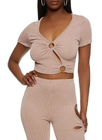 Womens Ribbed O Ring Cut Out Crop Top, Pink,