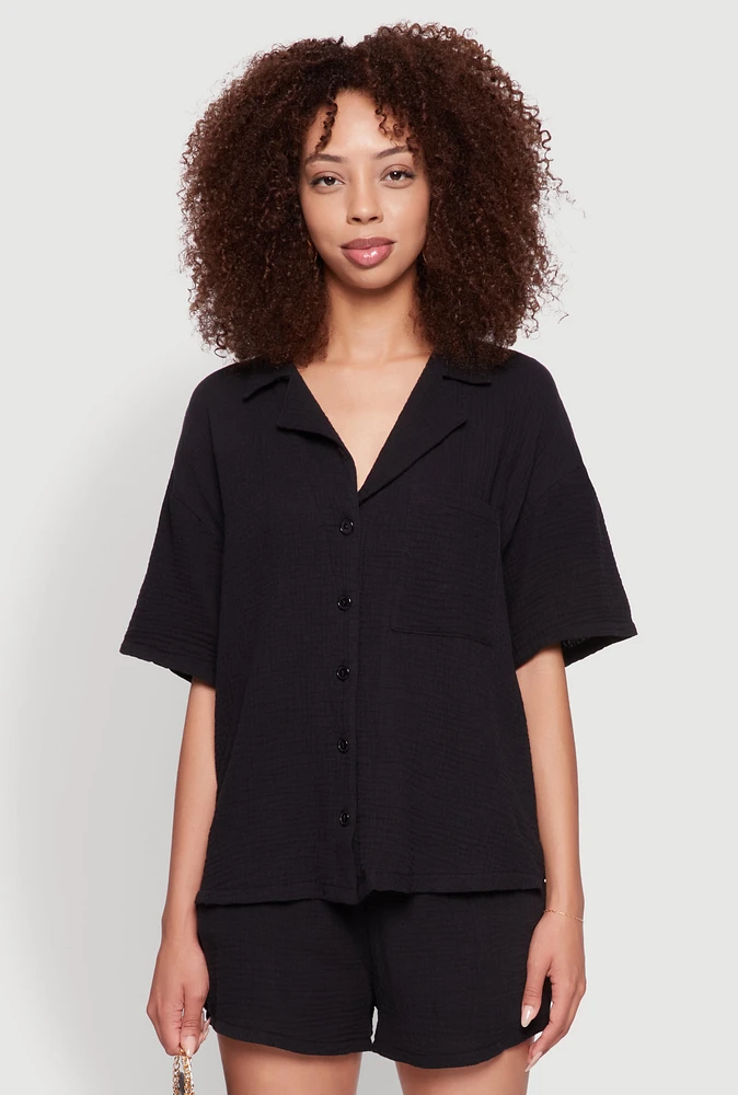 Womens Stylish Gauze Knit Classic Fit Button Front Shirt,