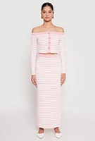 Womens Striped Textured Knit Maxi Skirt, Pink, Size L