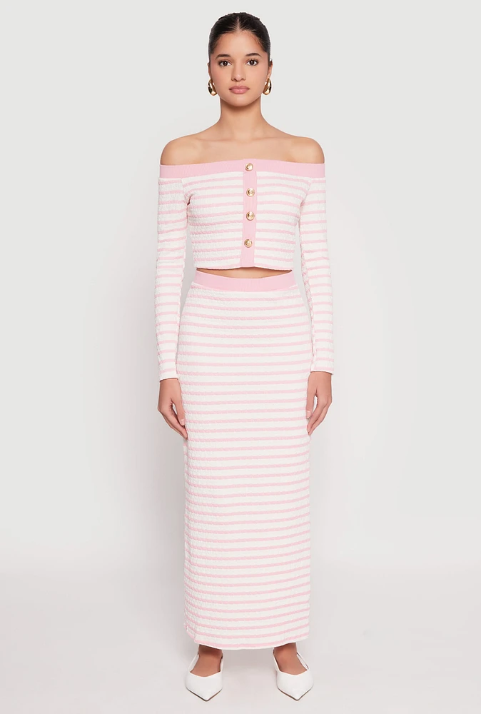 Womens Striped Textured Knit Maxi Skirt, Pink, Size S