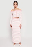 Womens Striped Textured Knit Maxi Skirt, Pink, Size L