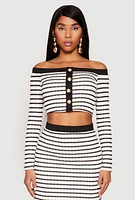 Womens Textured Knit Striped Off the Shoulder Top,
