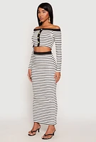Womens Textured Knit Striped Off the Shoulder Top,