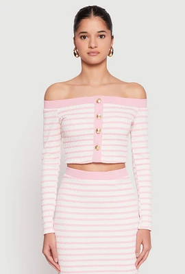 Womens Textured Knit Striped Off the Shoulder Top, Pink, Size L