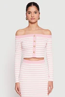 Womens Textured Knit Striped Off the Shoulder Top, Pink, Size L