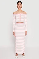 Womens Textured Knit Striped Off the Shoulder Top, Pink, Size L