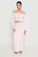 Womens Textured Knit Striped Off the Shoulder Top, Pink, Size L