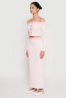 Womens Textured Knit Striped Off the Shoulder Top, Pink, Size L