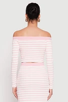 Womens Textured Knit Striped Off the Shoulder Top, Pink, Size L