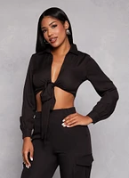 Womens Crepe Knit Long Sleeve Tie Front Crop Top, Black, Size S