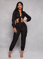 Womens Crepe Knit Long Sleeve Tie Front Crop Top, Black, Size S