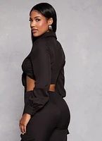 Womens Crepe Knit Long Sleeve Tie Front Crop Top, Black, Size S