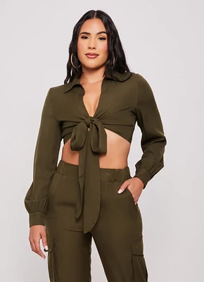 Womens Crepe Knit Long Sleeve Tie Front Crop Top, Green, Size S