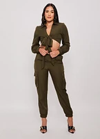 Womens Crepe Knit Long Sleeve Tie Front Crop Top, Green, Size S