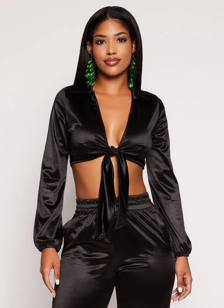 Womens Satin Tie Front Long Sleeve Crop Top, Black, Size M