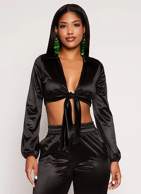 Womens Satin Tie Front Long Sleeve Crop Top, Black, Size M