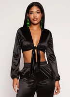 Womens Satin Tie Front Long Sleeve Crop Top, Black, Size M