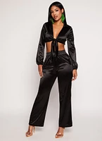 Womens Satin Tie Front Long Sleeve Crop Top, Black, Size M
