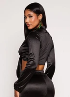 Womens Satin Tie Front Long Sleeve Crop Top, Black, Size M