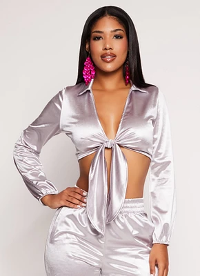Womens Satin Tie Front Long Sleeve Crop Top, Grey, Size M