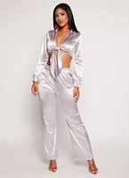 Womens Satin Tie Front Long Sleeve Crop Top, Grey, Size M