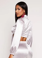 Womens Satin Tie Front Long Sleeve Crop Top, Grey, Size M