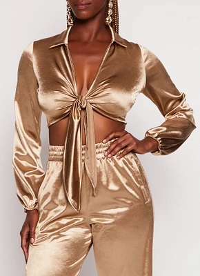 Womens Satin Tie Front Long Sleeve Crop Top,