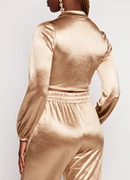 Womens Satin Tie Front Long Sleeve Crop Top, Beige, Size L