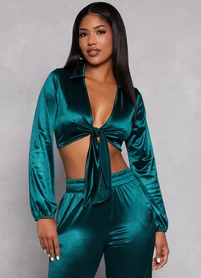 Womens Satin Tie Front Long Sleeve Crop Top, Blue, Size S