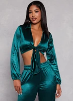 Womens Satin Tie Front Long Sleeve Crop Top, Blue, Size S