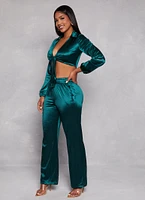 Womens Satin Tie Front Long Sleeve Crop Top, Blue, Size S