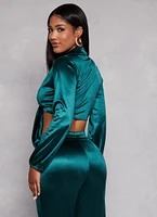 Womens Satin Tie Front Long Sleeve Crop Top, Blue, Size S
