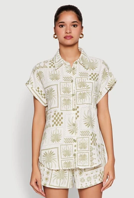 Womens Palm Tree Print Fixed Cuff Shirt, Multi, Size M