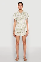 Womens Palm Tree Print Fixed Cuff Shirt, Multi, Size M