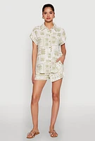 Womens Palm Tree Print Fixed Cuff Shirt, Multi, Size M