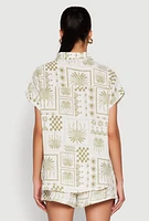 Womens Palm Tree Print Fixed Cuff Shirt, Multi, Size M