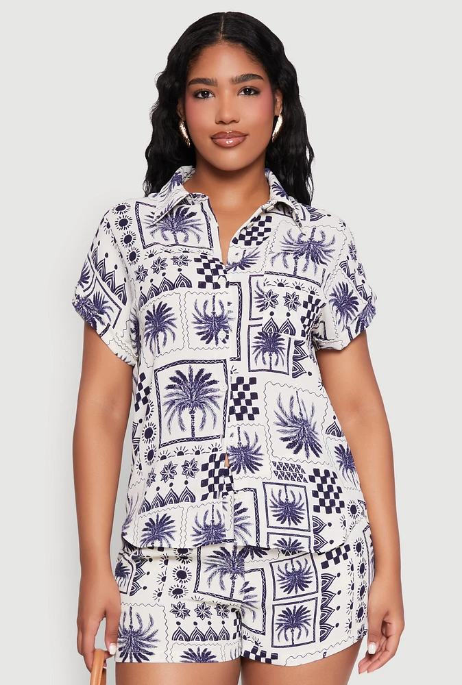Womens Palm Tree Print Fixed Cuff Shirt, Blue, Size S