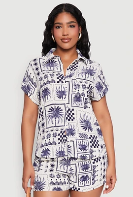 Womens Palm Tree Print Fixed Cuff Shirt, Blue, Size S