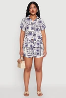 Womens Palm Tree Print Fixed Cuff Shirt, Blue, Size S